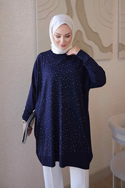 İmajButik Lacivert Bisiklet Yaka Taş İşlemeli Tunik