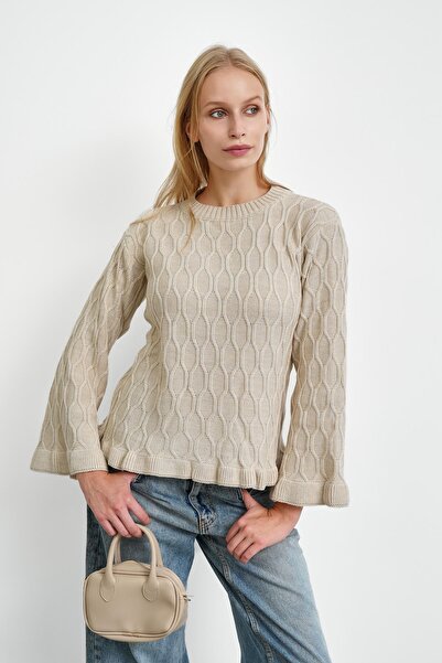 İmajButik Stone Waist and Cuff Ruffled Knit Sweater