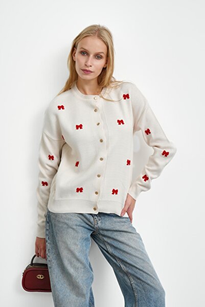 İmajButik Stone Bow Embroidered Knitwear Cardigan