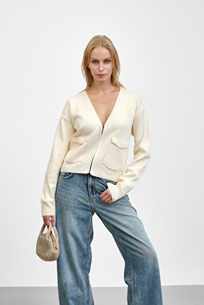 İmajButik Cream Double Pocket Zippered Knitwear Cardigan