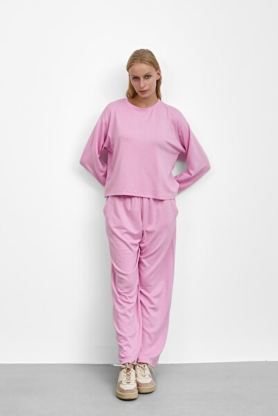 İmajButik Pink Modal Suit with Stone Detail on the Sides
