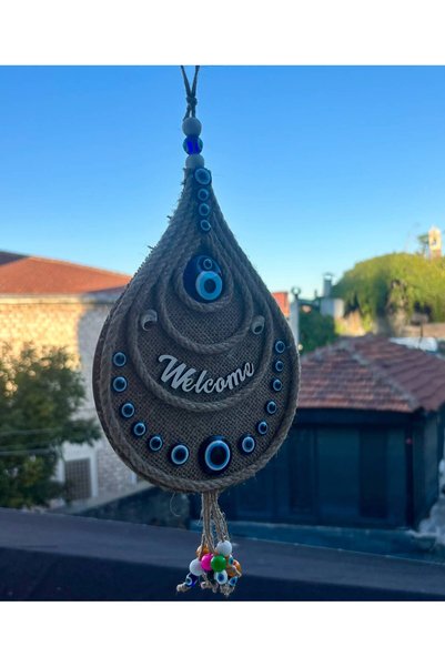 Trend Dünyası Ornament pentru ușă de bun venire cu mărgele de ochi rău brodate din paie și scoici de mare