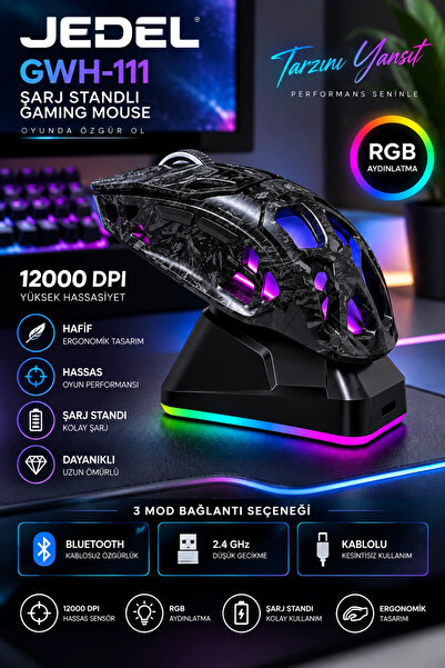 Blackbird Game Center Jedel GWH-111 RGB Şarj Standlı 12000 DPI Triple BT/2.4Ghz/Kablolu Hafif Gaming Mouse