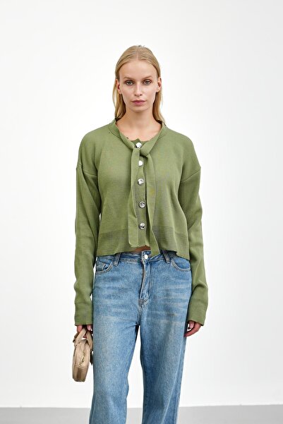 İmajButik Green Collar Tie-Up Buttoned Knitwear Cardigan