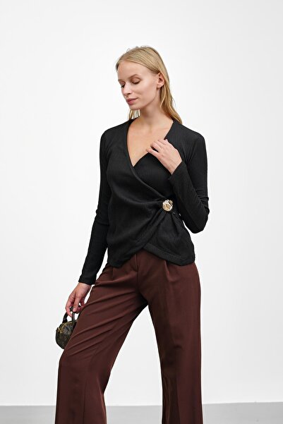 İmajButik Black Buckle Detailed Double-Breasted Collar Corded Fabric Blouse