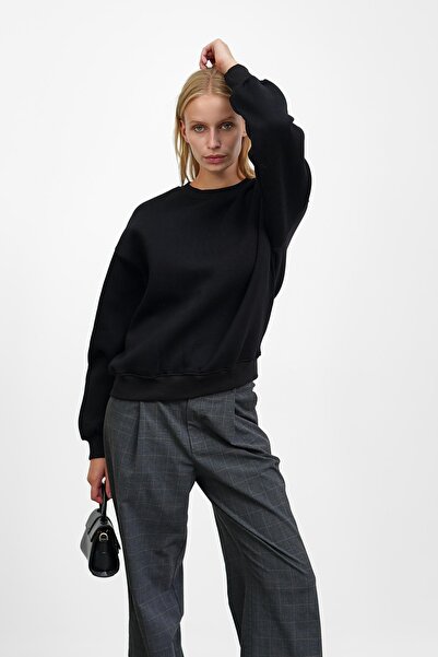 İmajButik Black Basic Three Thread Sweatshirt with Shoulder Detail