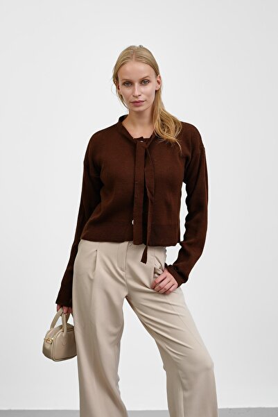 İmajButik Brown Collar Tie-Up Buttoned Knitwear Cardigan