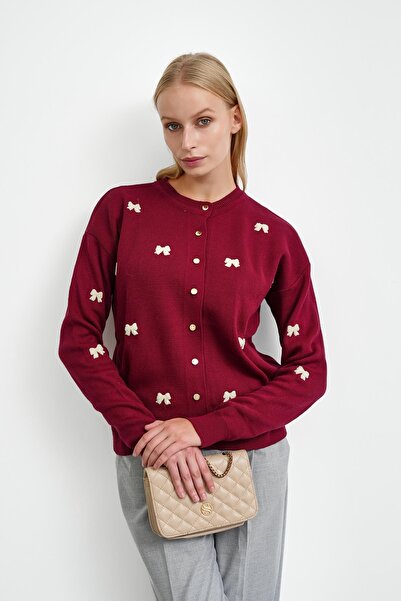 İmajButik Burgundy Bow Embroidered Knitwear Cardigan
