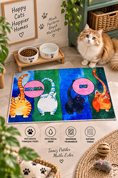 on the clouds Canlı Renkli Kedi Mama Matı, Kedi Servis Altlığı, Mama Kabı Alt...