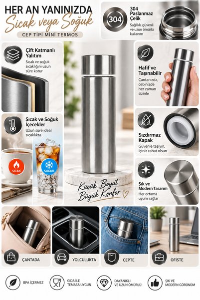 Tasarım Evi 150 Ml Cep Tipi Mini Ufak Kaliteli 304 Çelik Çift Katmalı Termos