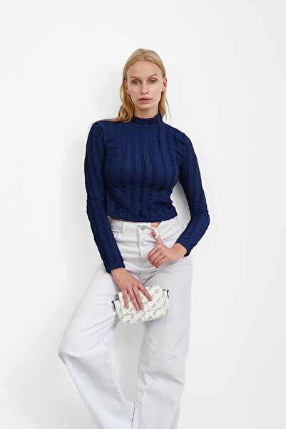 İmajButik Navy Blue Ruffle Detailed Mock Neck Blouse