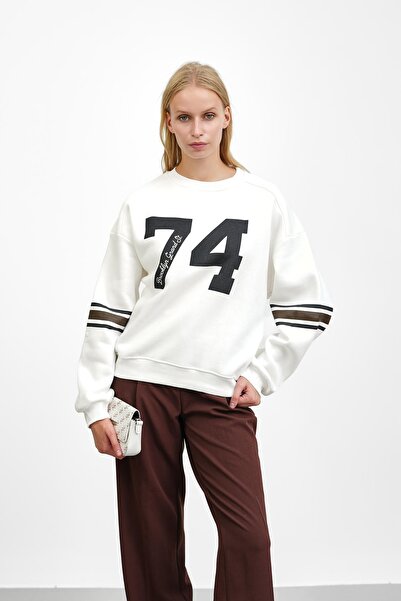 İmajButik Ecru Front and Sleeve Printed Three Thread Sweat