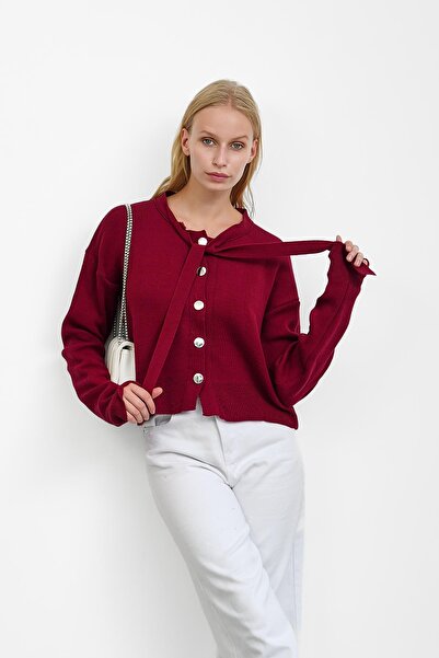 İmajButik Burgundy Collar Tied Buttoned Knitwear Cardigan
