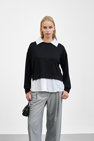 İmajButik Siyah Gömlek Garnili Modal Sweat