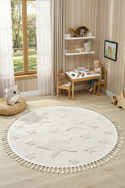 Eliz Home Daire Yuvarlak Krem Renk Yıldız Yumuşak Bukleli Dokuma Halı Bebek O...