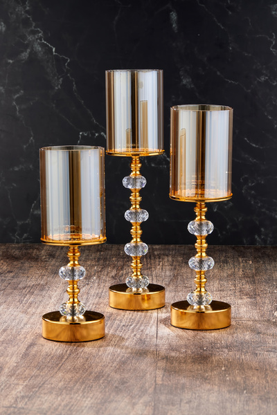 Tasarım Evi Kristal Taşlı Ayaklı Gold Şamdan 3'lü Set