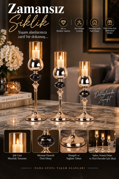 Tasarım Evi Ultra Lüks Kristal Taşlı Ayaklı Gold Şamdan 3'lü Set