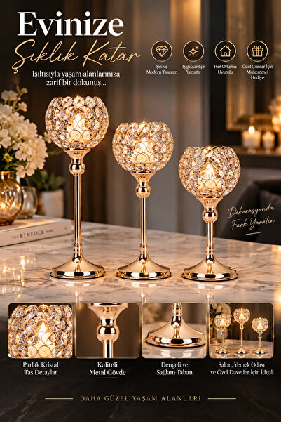 Tasarım Evi Ultra Lüks Kristal Taşlı Ayaklı Gold Şamdan 3'lü Set
