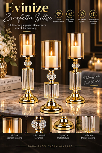 Tasarım Evi Ultra Lüks Kristal Taşlı Ayaklı Gold Şamdan 3'lü Set