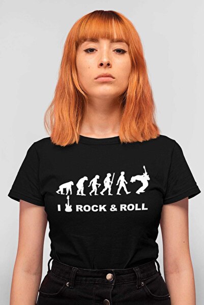 ROCKANDROLL Rock Evrimi Siyah Kısa Kollu Kadın|Bayan Tişört