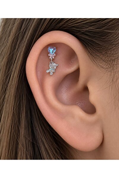 Arescollection sallanan ayıcık arkası düz önden takmalı helix kıkırdak tragus...
