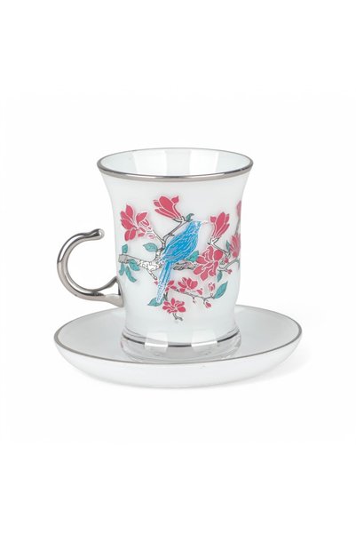 SOLETER Bird Tea Cup and Saucer Set - Red and Silver Pattern