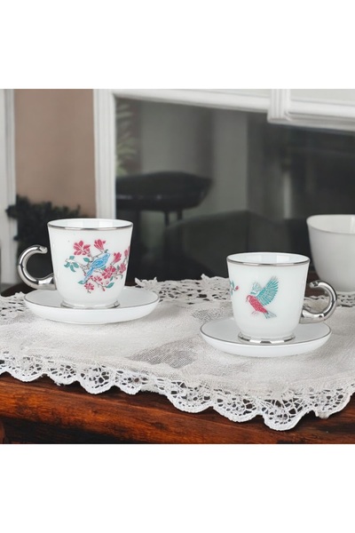 SOLETER Bird Short Tea Cup and Saucer Set - Red and Silver Pattern