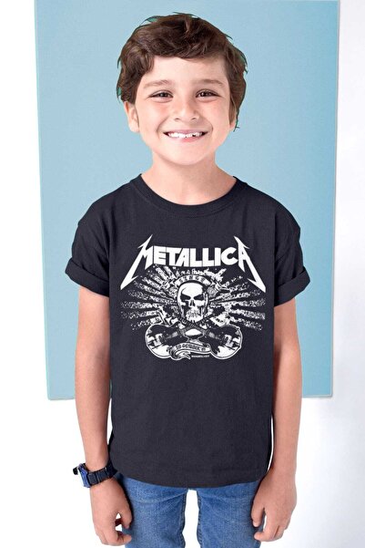 ROCKANDROLL Metallica Kurukafa Siyah Kısa Kollu Kız Erkek Uniseks Çocuk Tişört