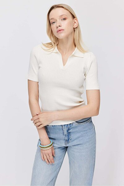 PAULMARK Women's Ribbed Polo Neck Knitwear T-Shirt