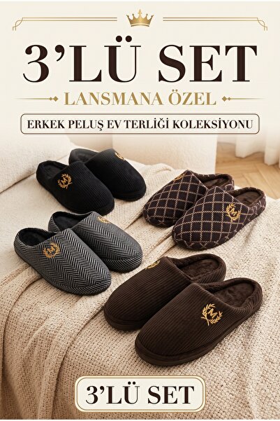 StWenn 3'lü Avantajlı Paket Erkek Kadife Ev Terliği Çeyiz Terliği Kışlık Terlik Ses Yapmaz Hafif Taban
