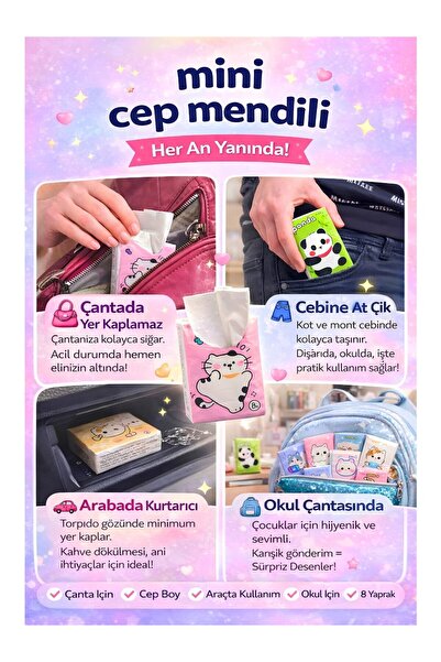 Carat Home Mini Karakterli Mini Cep Mendil Seti | Renkli Desenli Yumuşak Kağıt Mendil | Hijyenik Tekli Paket