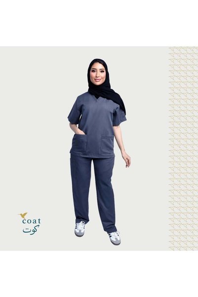 OEMS سكراب طبي نسائي كتان رمادي من كوت، بلوزة وبنطلون - S