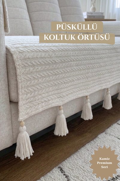 KAMİZ Püsküllü Koltuk Örtüsü Kanepe Örtüsü Koltuk Şalı %100 Pamuklu Püsküllü Kaymaz Yıkanabilir Krem