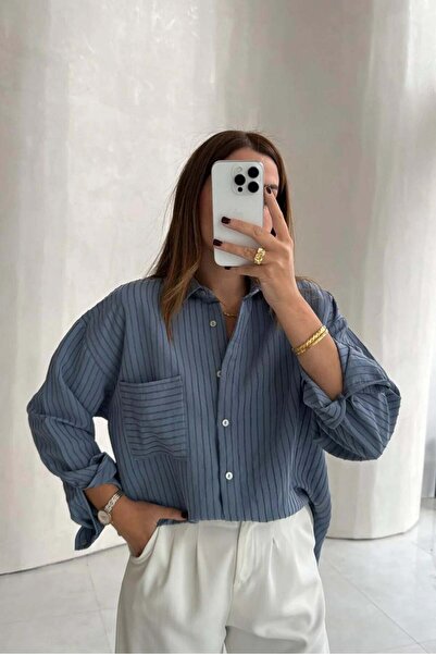 Distimi Kadın Oversize Çizgili Gömlek