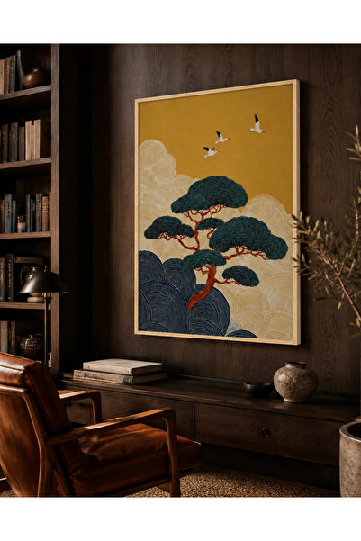 Boho wellness studio Çerçeveli MDF Japon Çam Ağacı ve Uçan Kuşlar Dekoratif T...