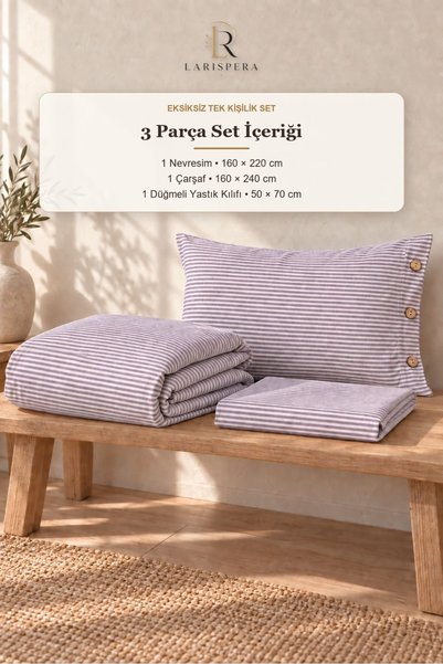 Larispera Lilac Yarn Dyed Ranforce Cotton Single Striped Buttoned Duvet Cover Set 160X220 cm