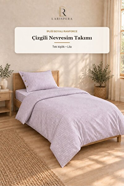 Larispera Lilac Yarn Dyed Ranforce Cotton Single Striped Buttoned Duvet Cover...