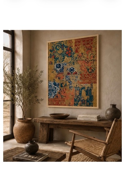 Boho wellness studio Çerçeveli MDF Osmanlı Çini Desenli Maksimalist Sanat Tablo