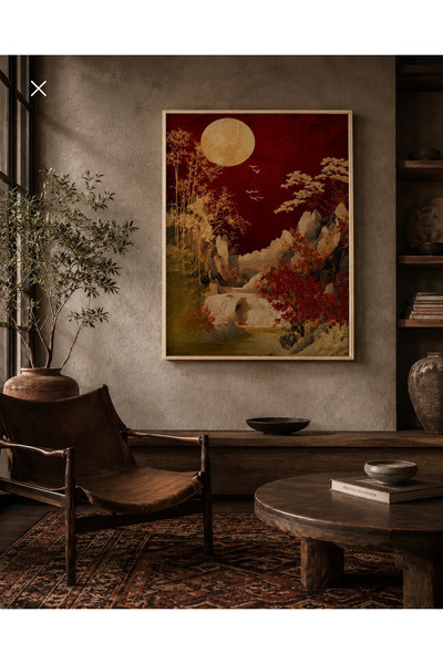 Boho wellness studio Çerçeveli MDF Kızıl Ay ve Doğa Manzarası Japon Stil Tablo