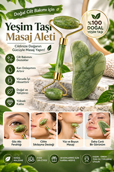 Tasarım Evi 2'li Set %100 Doğal Yeşim Taşı - Kalp Gua Sha Cilt Masaj Aleti Yü...