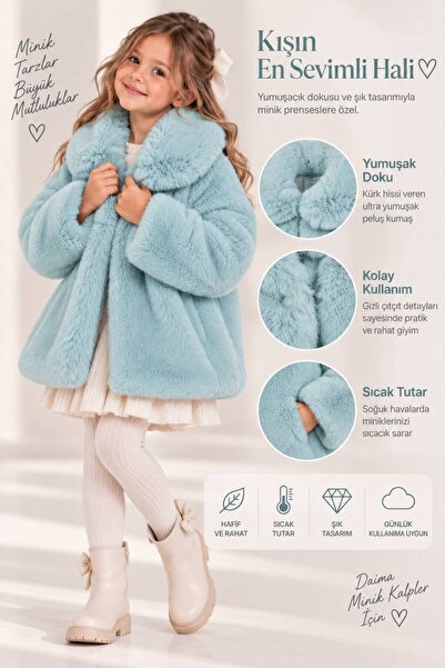 Mavipink Kız Çocuk Mint Yeşili Suni Peluş Kürk