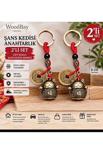 WoodBay 2 Adet Feng Shui Şans Kedisi Anahtarlık Çift Kollu Maneki Neko Bereke...