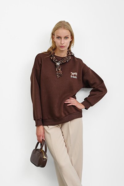 İmajButik Leopard Three Thread Fleece-Lined Sweat with Brown Scarf Accessories
