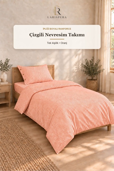 Larispera Orange Yarn-Dyed Ranforce Cotton Single Striped Buttoned Duvet Cove...