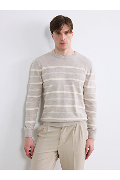 LC Waikiki Nevavm Farkıyla Lcwaikiki Classic Beige Knitwear Striped Oval Coll...