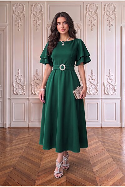 ALFUDO Moda Collection Kuşaklı Katlı Kollu Midi Elbise Kombini