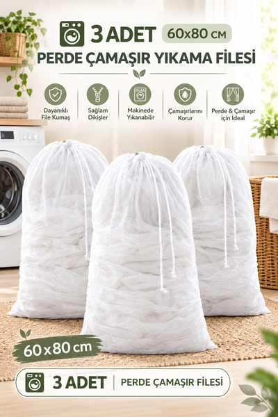 Ferzin 3 Adet Lüx Büyük 60x80 cm Çamaşır Yıkama Filesi – Perde Yıkama Filesi, Çamaşır Koruyucu File, Büzgülü