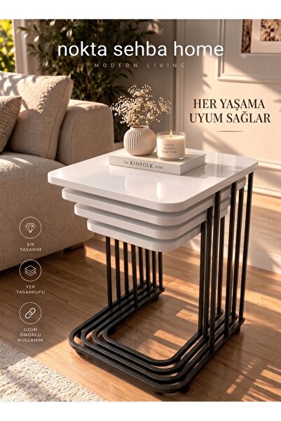 Nokta Sehpa Home 4lü tekerli yan sehpa siyah ayak mdf beyaz