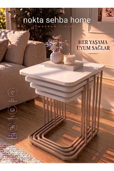 Nokta Sehpa Home Paris (TEKERLEKLİ ) 4lü CAPPUCİNO boya statik METAL BEYAZ TA...