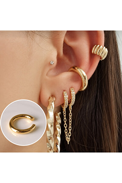 Heppii XL Gold Earcuff Bombeli Halka Kıkırdak Küpesi Geçirmeli Günlük Kullanım